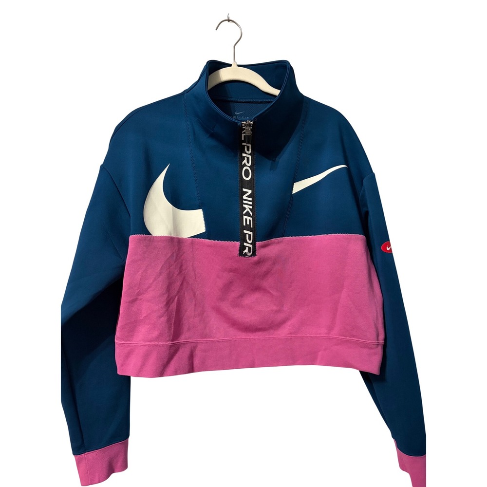 Nike Pro Dri-FIT Womens Quarter Zip Cropped Pullover Teal Pink Swoosh Medium